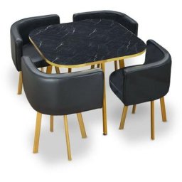 Table à Manger Et Chaises Encastrable Popup - Marbre Noir, Bois mdf, Polyuréthane, Carré, Style