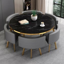 Table à Manger Ronde Effet Marbre Noir Et Chaises Encastrable Popup Xl - Marbre Noir Chaises Gris,