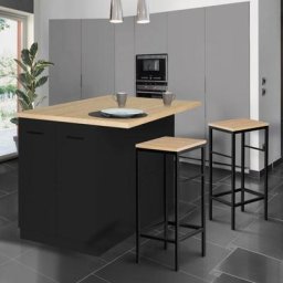 Ensemble ilot ivo 120 cm bois noir avec plan de travail façon hêtre et 2 tabourets detroit - Noir