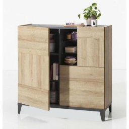 Buffet 120 cm Chêne et Gris avec trois portes et un compartiment avec deux étagères en verre chêne