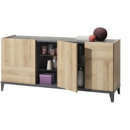Buffet 180 cm Chêne et Gris avec trois portes et un compartiment avec deux étagères en verre chêne