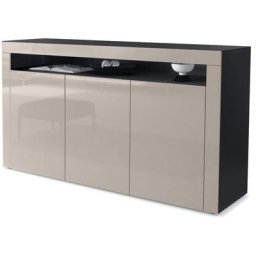 Buffet Commode Dressoir Crédence Valencia Noir, haute brillance & tons naturels - Gris sable / Gris