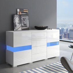 Buffet Bahut 2 Portes et 4 Tiroirs Blanc - Laqué Brillant Mat - led - Armoire de Rangement 140 cm