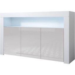 Buffet de salon bas 3 portes avec led bleue 155 x 91,5 x 37cm Couleur Blanc et Gris Finition