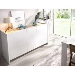 Buffet de salon 138 cm Britney Blanc mat et naturel avec trois portes Blanc et Naturel