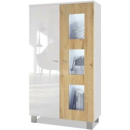 Vitrine Armoire haute Commode Denjo en Blanc mat - haute brillance - Porte en Chêne Nature avec
