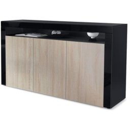 Buffet Commode Dressoir Crédence Valencia Noir, haute brillance & tons naturels - Chêne brut / Noir