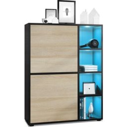 Vladon Buffet haut Armoire Cabinet Commode Cuba Noir mat - haute brillance - Portes en Chêne brut