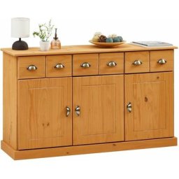 Buffet paris commode bahut avec 3 portes battantes et 3 tiroirs, en pin massif lasuré brun