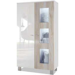 Vitrine Armoire haute Commode Denjo en Blanc mat - haute brillance - Porte en Chêne Nordique avec