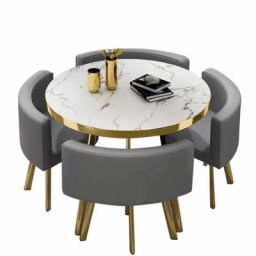 Table à Manger Ronde Et Chaises Encastrable Popup - Marbre Blanc Chaises Gris, Bois mdf,