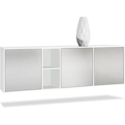 Buffet Commode Dressoir Crédence led Cuba Blanc mat - Haute brillance - Portes en Gris clair satiné