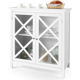 Buffet de Cuisine Autoportant, Buffet avec 2 Portes en Verre et Étagère Réglable, Meuble de
