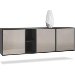 Buffet Commode Dressoir Crédence led Cuba Noir mat - Haute brillance - Portes en Gris sable laqué