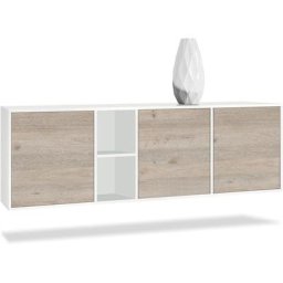 Buffet Commode Dressoir Crédence led Cuba Blanc mat - Haute brillance - Portes en Chêne Nordique
