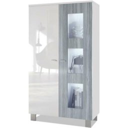 Vitrine Armoire haute Commode Denjo en Blanc mat - haute brillance - Porte en Avola-Anthracite avec