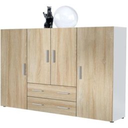 Vladon - Buffet haut Commode Nora blanc mat en Décor Naturel - Haute brillance - Façades en Chêne