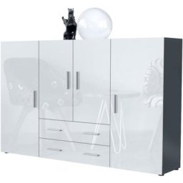 Buffet haut Commode Nora Anthracite mat en Décor Naturel - Haute brillance - Portes en Blanc laqué