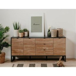 Buffet 175x70H cm Manhattan Bambou et Gris Anthracite avec trois portes et trois tiroirs Bambou et