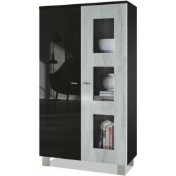 Vladon - Vitrine Armoire haute Commode Denjo en Noir mat - haute brillance - Porte en Aspect Béton
