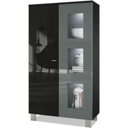 Vladon Vitrine Armoire haute Commode Denjo en Noir mat - haute brillance - Porte en Gris haute