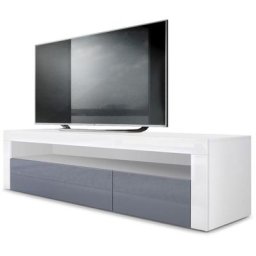 Armoire basse Meuble tv Valencia en Blanc mat - haute brillance & tons naturels - Gris haute