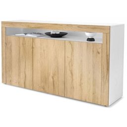 Vladon - Buffet Commode Dressoir Crédence Valencia Blanc, haute brillance & tons naturels - Chêne