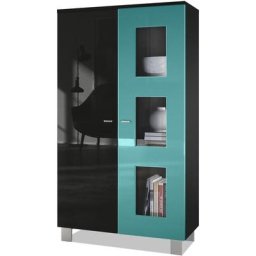 Vladon - Vitrine Armoire haute Commode Denjo en Noir mat - haute brillance - Porte en Turquoise
