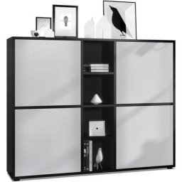 Vladon Buffet haut Armoire Cabinet Commode Cuba V3 Noir mat - haute brillance - Portes en Gris