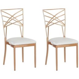 Lot 2 Chaises en Métal Rose Doré avec Assise en Simili-cuir Blanc pour Salle à Manger Cuisine et