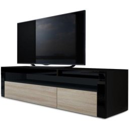 Armoire basse Meuble tv Valencia en Noir mat - haute brillance & tons naturels - Chêne brut / Noir