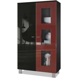 Vladon - Vitrine Armoire haute Commode Denjo en Noir mat - haute brillance - Porte en Bordeaux