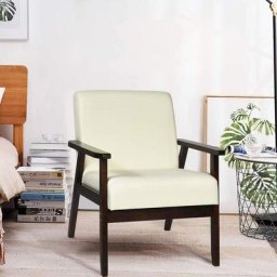 Fauteuil Salon en Bois Caoutchouc, Chaise Rembourrée en Tissu de Lin Charge Max 150KG pour Chambre