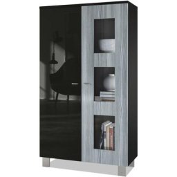 Vladon - Vitrine Armoire haute Commode Denjo en Noir mat - haute brillance - Porte en