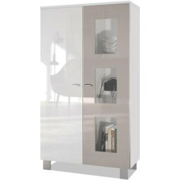 Vitrine Armoire haute Commode Denjo en Blanc mat - haute brillance - Porte en Gris sable haute
