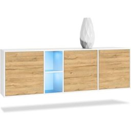 Buffet Commode Dressoir Crédence led Cuba Blanc mat - Haute brillance - Portes en Chêne Nature avec
