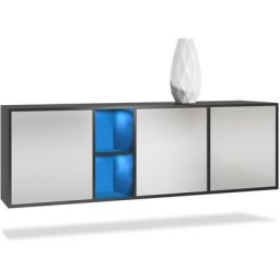 Buffet Commode Dressoir Crédence led Cuba Noir mat - Haute brillance - Portes en Gris clair satiné