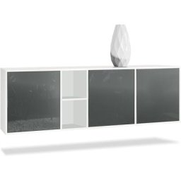 Buffet Commode Dressoir Crédence led Cuba Blanc mat - Haute brillance - Portes en Gris laqué haute