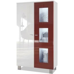 Vladon Vitrine Armoire haute Commode Denjo en Blanc mat - haute brillance - Porte en Bordeaux haute