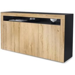 Vladon Buffet Commode Dressoir Crédence Valencia Noir, haute brillance & tons naturels - Chêne