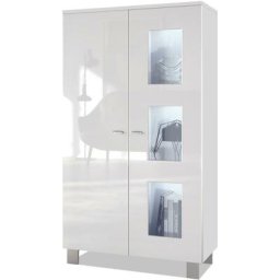 Vitrine Armoire haute Commode Denjo en Blanc mat - haute brillance - Porte en Blanc haute brillance