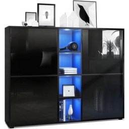 Vladon Buffet haut Armoire Cabinet Commode Cuba V3 Noir mat - haute brillance - Portes en Noir