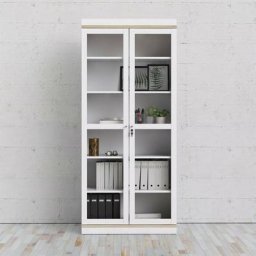 Vitrine salon 200 cm blanc mat et chêne avec deux portes et cinq étagères chêne et blanc