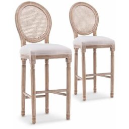 Intensedeco - Lot de 2 chaises de bar médaillon Louis xvi cannage rotin tissu Beige - Beige