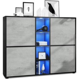 Buffet haut Armoire Cabinet Commode Cuba V3 Noir mat - haute brillance - Portes en Aspect Béton