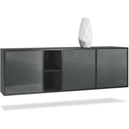 Buffet Commode Dressoir Crédence led Cuba Noir mat - Haute brillance - Portes en Gris laqué haute