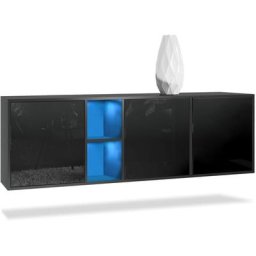 Buffet Commode Dressoir Crédence led Cuba Noir mat - Haute brillance - Portes en Noir laqué haute