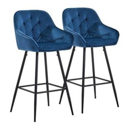 Lot de 2 tabourets de bar en velours avec dossier et accoudoirs, Hauteur 75cm,Bleu