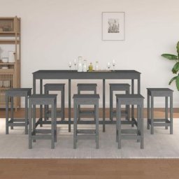 Ensemble Table de bar + 8 Chaises de bar - Table Haute avec 8 Tabourets Gris Bois de pin massif