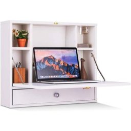 GOPLUS Table Murale Rabattable avec Compartiment Intégrée et Entrepôt Basculant, Table d’Ordinateur